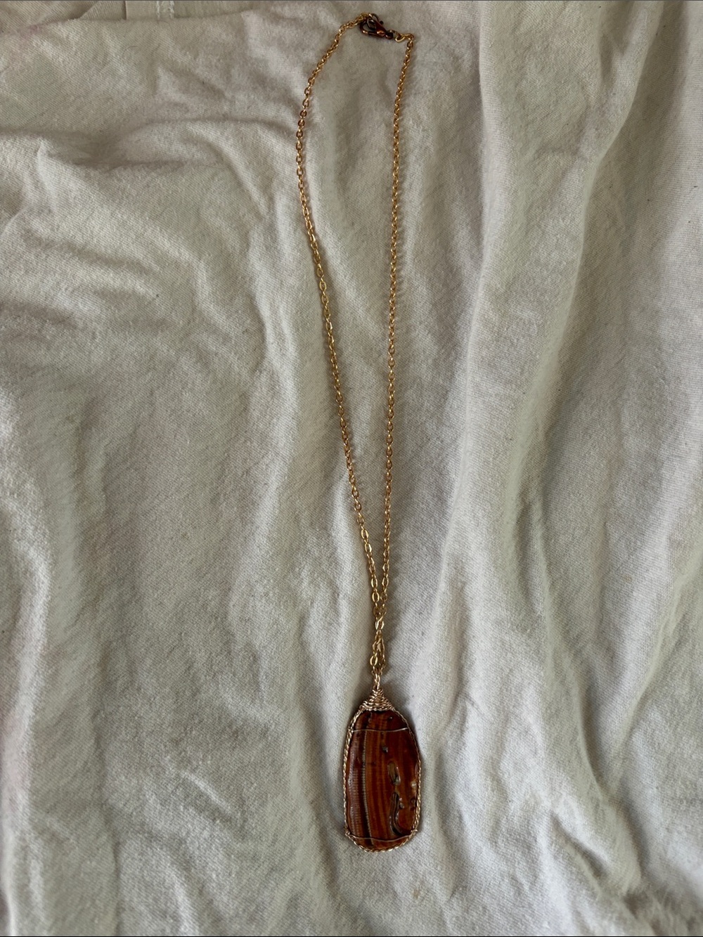 Hand wrapped tigers eye in copper/ gold setting. Necklace - Women Jewelry